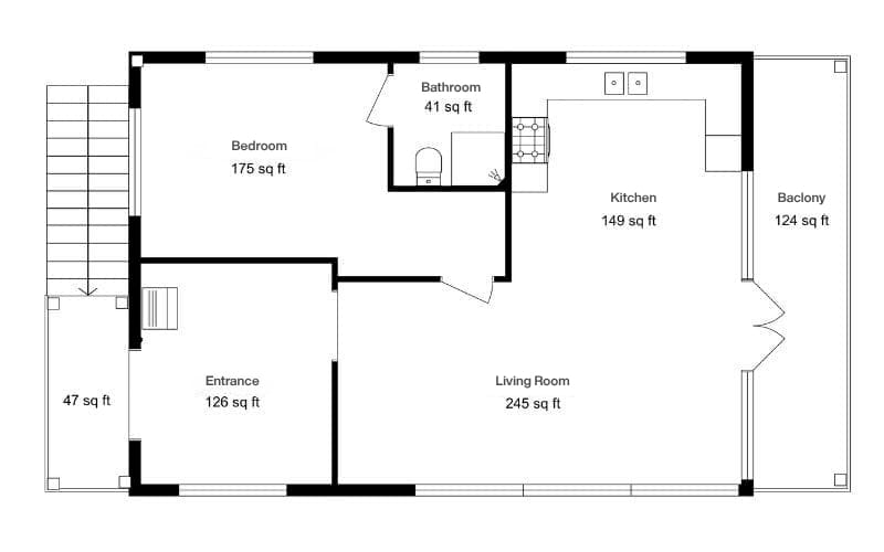 2D floor plan with each room labeled by area in square feet, including bedroom, kitchen, living room, bathroom, entrance, and balcony.