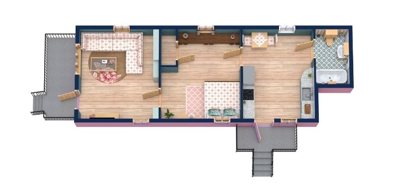 3D floor plan of a single-story shotgun-style house with a central entryway leading into a dining area and kitchen. The front section includes a living room with an L-shaped sofa and round coffee table. Behind the dining area is a hallway with access to a bedroom and a small sitting area. The rear of the house has a breakfast nook, laundry space, and a bathroom with a bathtub. The home features patterned tile floors in the kitchen and bathroom and wood flooring throughout the rest of the space.