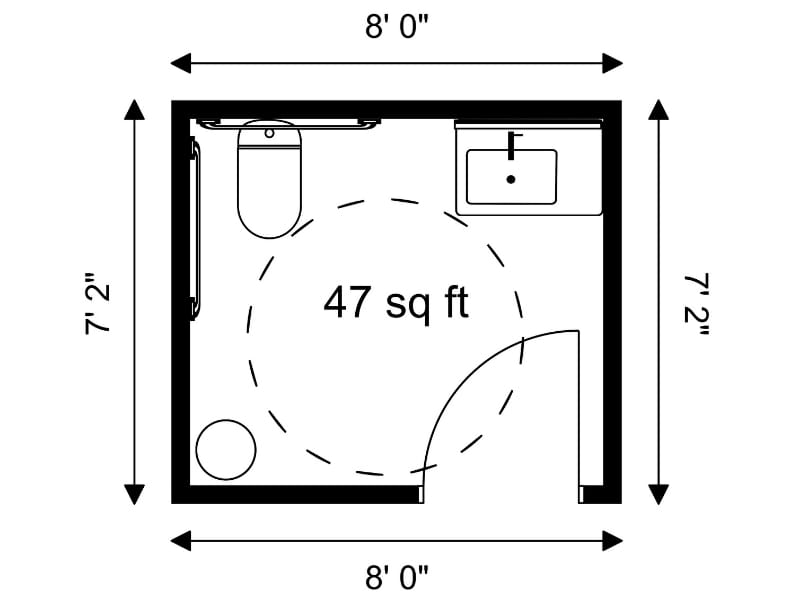 ADA bathroom floor plan measuring 8 by 7 feet, with 47 square feet of space. The layout shows a toilet with side grab bar on the left, a sink on the right, and clear turning space for a wheelchair in the center.