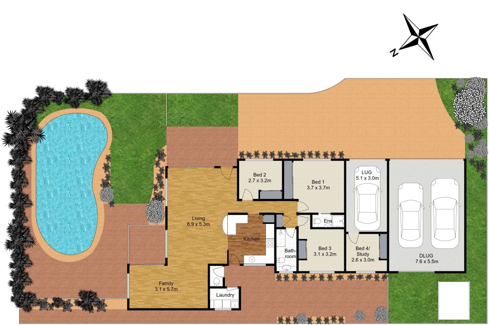 2D Site Plan with Pool and 3-Car Garage