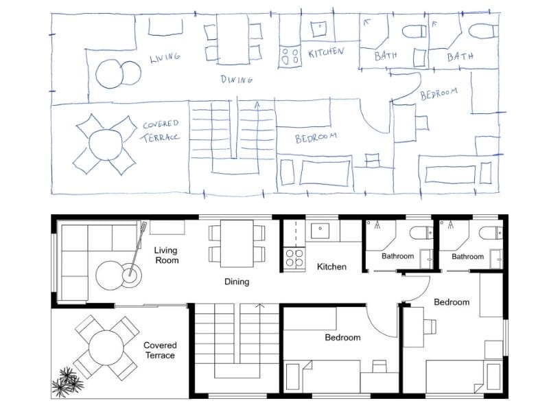 Side-by-side comparison of two floor plans for the same apartment layout. The top half shows a rough hand-drawn sketch with handwritten room labels and simple outlines for furniture and walls. The bottom half displays a clean, professional version of the same floor plan with labeled rooms, precise lines, and clearly drawn furniture. Rooms include a living room, dining area, kitchen, two bedrooms, two bathrooms, and a covered terrace.