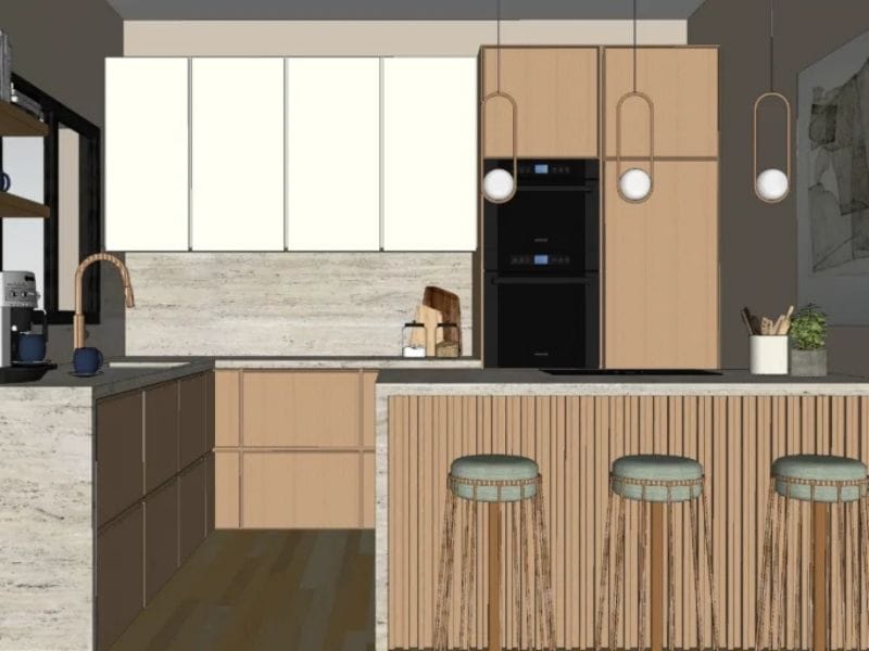 3D photo of a kitchen made with SketchUp. The kitchen is in wooden cabinet finishes. There is a waterfall kitchen island with three barstools at the front. The countertops are marble. There is a wall mounted oven next to the built-in fridge. There are three accent lighting hanging from the ceiling over the island.