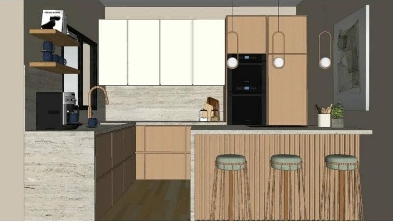 SketchUp 3D image of a modern L-shaped kitchen with a kitchen island in neutral colors and wooden details.