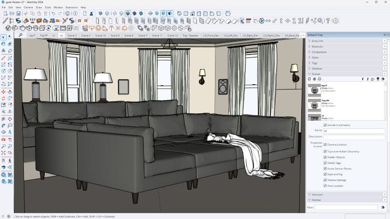 Interior 3D rendering created in SketchUp, showing a large sectional sofa with a throw blanket in a living room. The model has a hand-drawn, sketch-style appearance with thick outlines. The background features multiple windows with curtains, wall lamps, and decorative elements. SketchUp’s interface and toolbars are visible around the workspace.