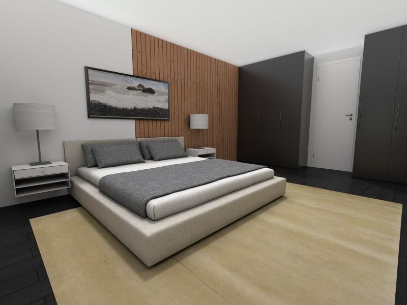 Modern bedroom with a low platform bed, gray bedding, wood accent wall, dark wardrobes, and neutral decor.