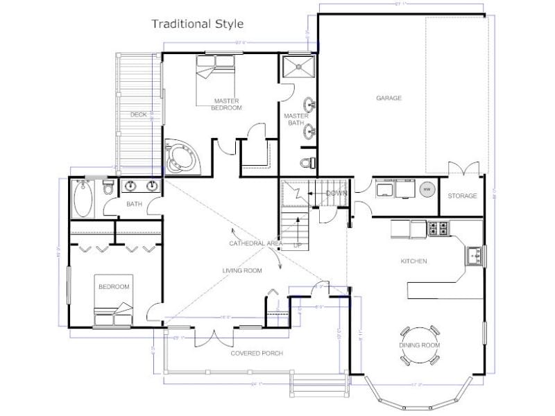 2D floor plan made with SmartDraw. The floor plan shows the first floor of a kitchen/dining area, two bedrooms, two bathrooms, a living room, deck, covered porch, laundry room, storage room, and garage. The floor plan is in black-and-white.