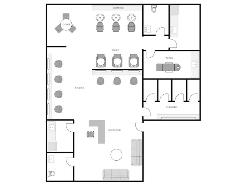 SmartDraw 2D floor plan of a hair salon with labeled areas, including a reception desk, styling stations, shampoo area, dryer chairs, facial room, changing rooms, and restrooms.