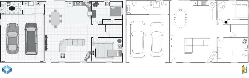 Side-by-side floor plans created in SmartDraw and RoomSketcher. Both show a house layout with garage, kitchen, dining area, living room, and bedrooms. SmartDraw includes furniture and fixtures in grayscale, while RoomSketcher shows a cleaner black-and-white layout with icons.