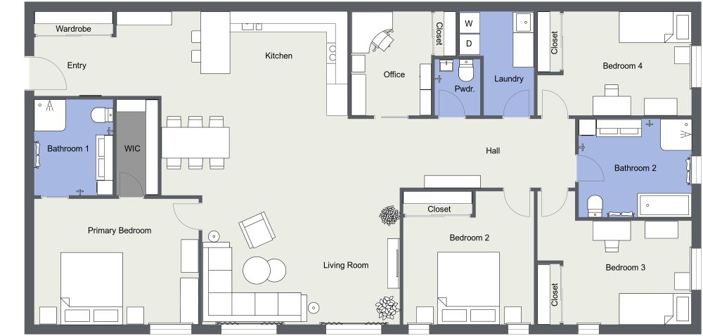 Space Efficient Layout with 4 Bedrooms 2D Floor Plan