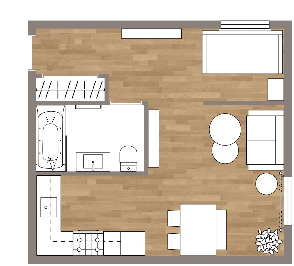 Space Efficient Studio Apartment With Full Bath 2D Floor Plan