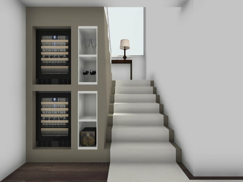 3D Photo of wine storage underneath stairs.