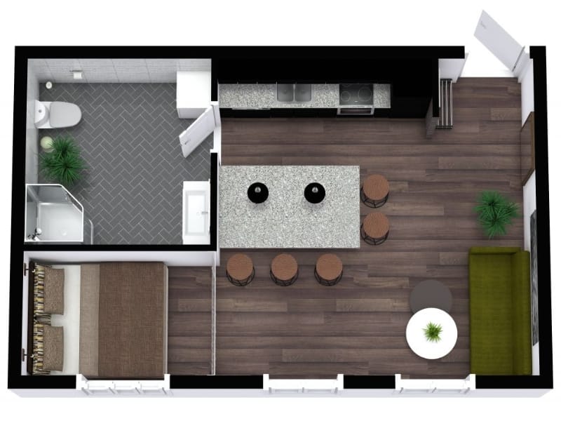 3D floor plan of a studio apartment.
