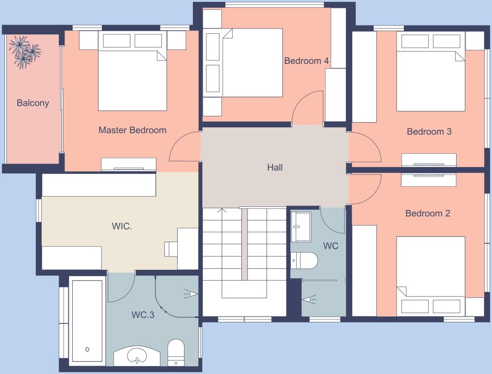 Stylish Five Bedroom Floor Plan With Pink Details, First Floor 2D