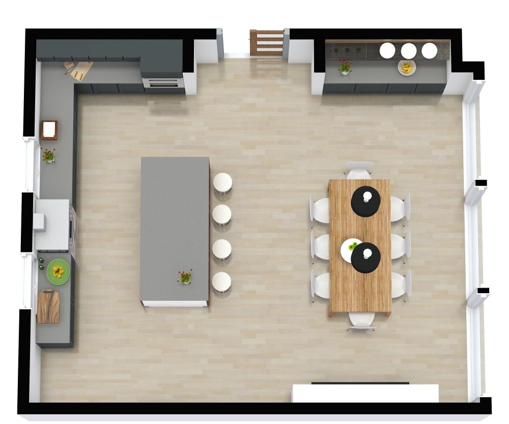 3D Layout U-Shaped Kitchen with Island