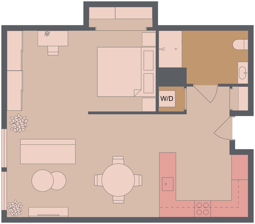 Stylish Studio 2D Apartment Plan With U-Shaped Kitchen