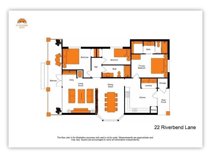 2D floor plan of 22 Riverbend Lane with labeled rooms including living room, dining room, kitchen with pantry, three bedrooms, two bathrooms, laundry, storage, and balcony. Furniture is shown in orange with clear room layouts.