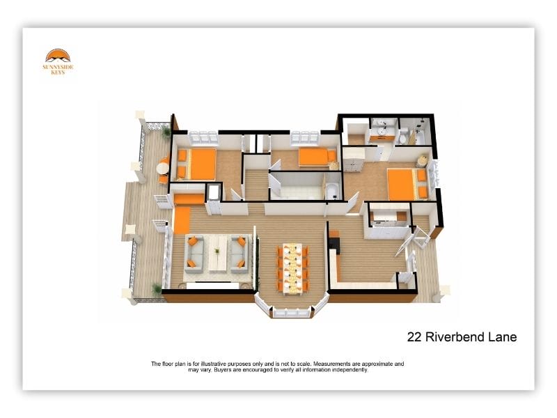 3D floor plan of 22 Riverbend Lane showing a spacious layout with living and dining area, kitchen, three bedrooms, two bathrooms, and balconies. Features orange accent furniture and wood flooring throughout.