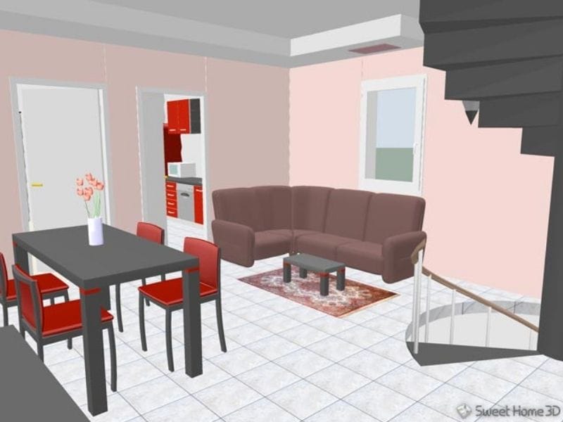 3D photo made with Sweet Home 3D. The photo shows a living room and a dining area. The walls are pink and the floors are white tiles. There is a spiral staircase going down and up to the next floor on the right side of the photo. There is a purple couch in the corner of the room with a small black coffee table. The dining table is in front of the couch and coffee table, and it is also black with four matching black and red dining chairs. On top of the table is a white vase with pink flowers. Next to the couch is a door to the next room, showing a red kitchen.