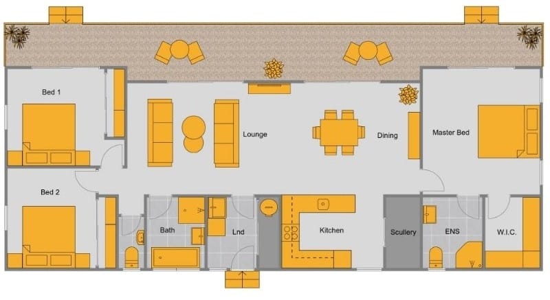 Top-down colored 2D floor plan of a single-story house featuring two secondary bedrooms, a master bedroom with ensuite and walk-in closet, open lounge and dining area, kitchen with adjoining scullery, shared bathroom, laundry, and an outdoor terrace.