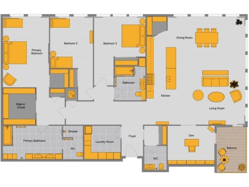 Top-down colored 2D floor plan of a residential layout featuring a primary bedroom with walk-in closet and ensuite, two additional bedrooms, open kitchen, dining and living spaces, laundry room, den, and balcony.