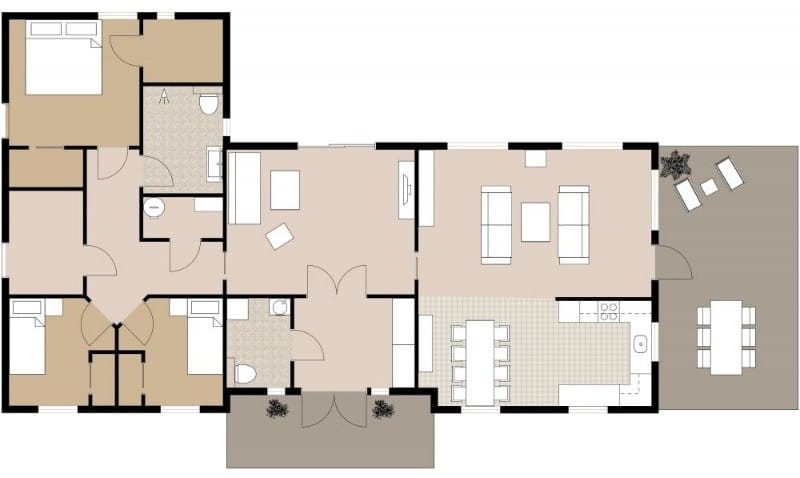 2D floor plan of a residential layout showing multiple bedrooms grouped on one side, bathrooms and hallways in the center, and an open living, kitchen, and dining area leading to an outdoor patio with dining furniture.