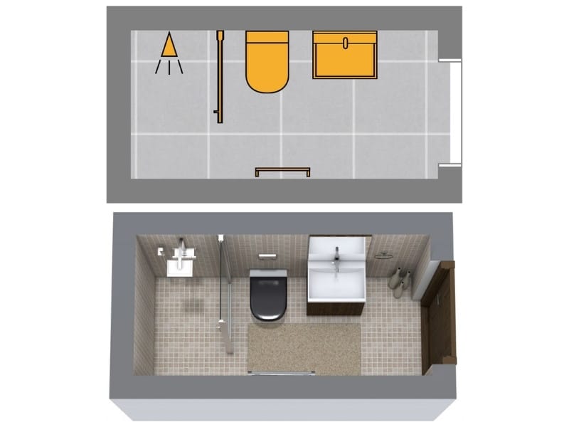 Small ¾ bathroom layout shown in 2D and 3D. The design includes a walk-in shower with a glass partition, a toilet, and a vanity with sink. The 3D view shows beige floor tiles, wall tiles, and a wooden door.