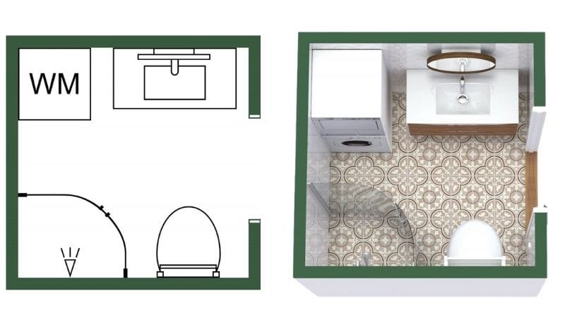 Compact square bathroom floor plan with a washer, wall-mounted sink, toilet, and corner shower. Shown in both 2D layout and 3D view with patterned tile flooring.