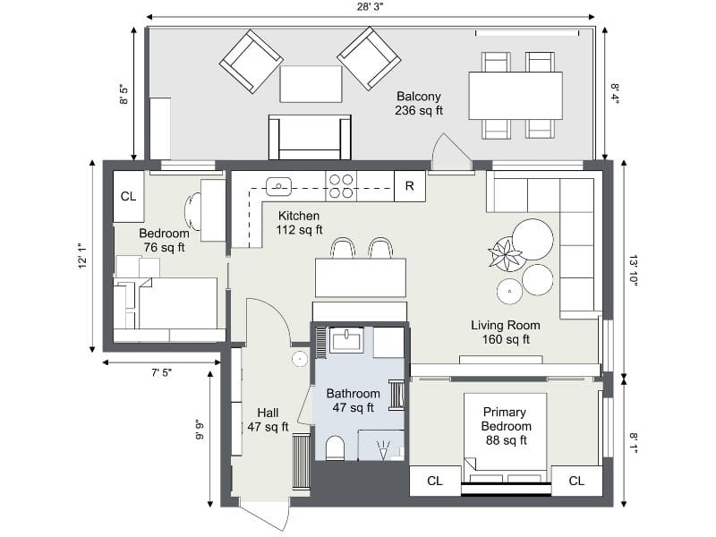 Two-bedroom apartment floor plan with a large balcony. Layout includes a primary bedroom with two closets, a smaller bedroom, one bathroom, a kitchen with dining area, and a spacious living room. The balcony has seating and a dining set, extending the living space outdoors.