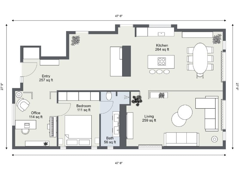 2D floor plan with room dimensions and square footage labels for each space, including kitchen, living room, bedroom, office, entry, and bathroom.