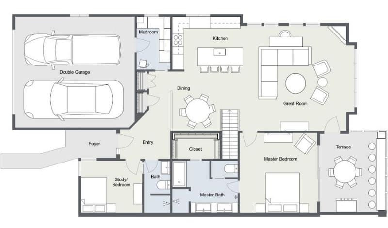 2D floor plan of a single-story home with a double garage, open kitchen and dining area, large great room, master bedroom with ensuite bath, an additional bedroom or study, a second bathroom, and a terrace accessed from the great room. The layout also includes a mudroom and a central entry with a closet.