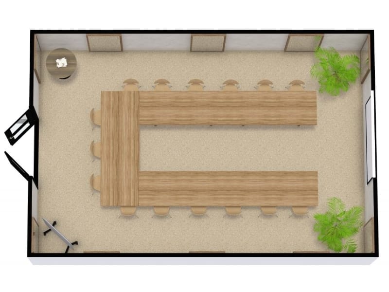 3D floor plan of a rectangular conference room with tables arranged in a large U-shape.