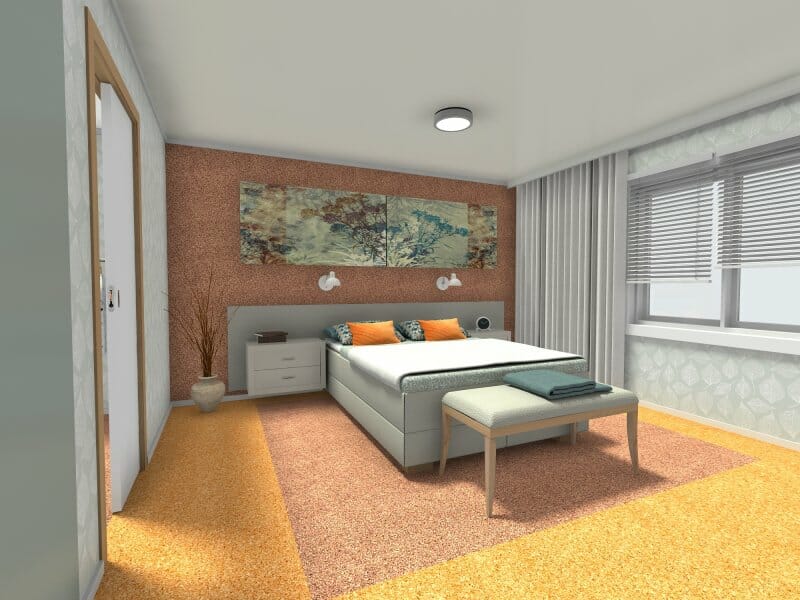 3D rendered view of a universally designed bedroom with accessibility in mind. The room features a centrally placed bed with clearance on both sides, a low bench at the foot of the bed, and a nightstand within easy reach. Contrasting flooring zones improve navigation, and large windows with blinds provide natural light. Wall-mounted lighting and wide access paths enhance usability and comfort.