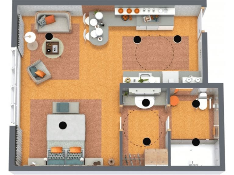 3D floor plan of a universal design apartment featuring wide doorways, open circulation spaces, and accessible fixtures. The layout includes a bedroom, living room, kitchen with dining area, and an accessible bathroom. Clear floor areas with turning radii are marked with dashed circles, highlighting wheelchair-friendly movement zones. The design emphasizes ease of access and mobility throughout.