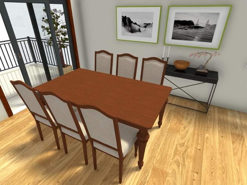 A 3D Photo generated in RoomSketcher showing off a product update with new dining sets, and customizable picture frames.