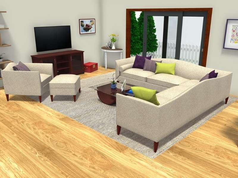 A 3D Photo generated using RoomSketcher showing sofas in different configurations along with a coffee table.
