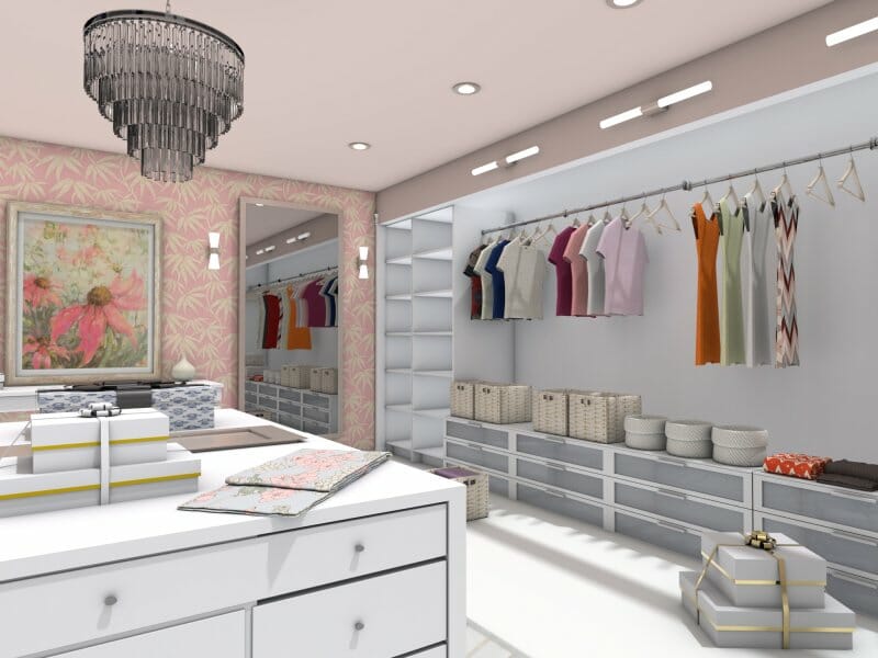 3D Photo of a pink and white walk-in closet.