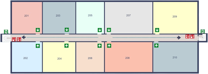 Horizontal evacuation floor plan showing a central corridor lined with numbered rooms on both sides, emergency exit doors at each end, fire safety equipment symbols, and arrows marking designated escape routes.