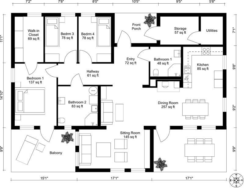 Black-and-white 2D floor plan of a single-story house labeled with room names and sizes. The layout includes four bedrooms, two bathrooms, a walk-in closet, kitchen, dining room, sitting room, hallway, entry, front porch, storage room, and utility room. Measurements are provided along the top and sides of the plan.