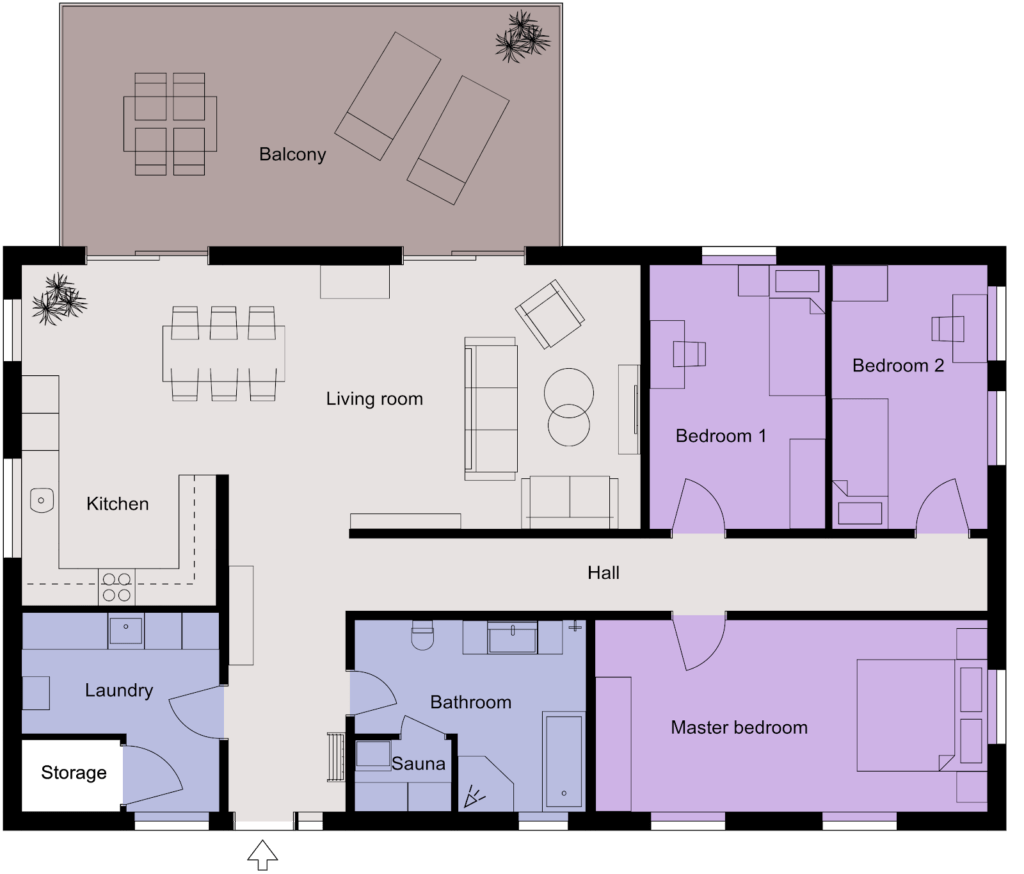 Color-coded 2D floor plan of an apartment showing labeled rooms, including living room, kitchen, bedrooms, bathroom, sauna, laundry, hall, and balcony.