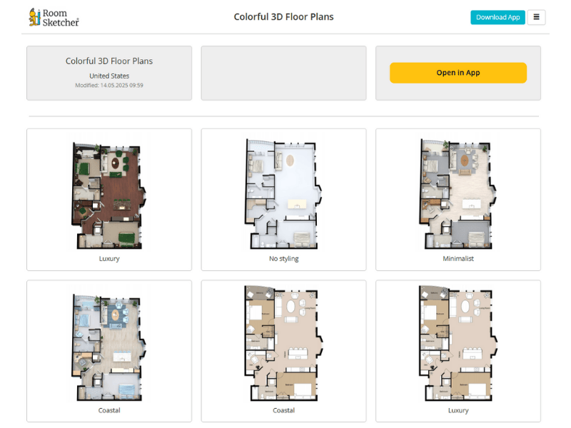 Screenshot of the RoomSketcher app interface showing a project titled "Colorful 3D Floor Plans." The display includes six different 3D floor plan styles: Luxury, No Styling, Minimalist, Coastal (two variations), and another Luxury version. Each floor plan preview shows a furnished apartment layout with distinct interior themes. Options to open the project in the app or download the app are visible at the top.